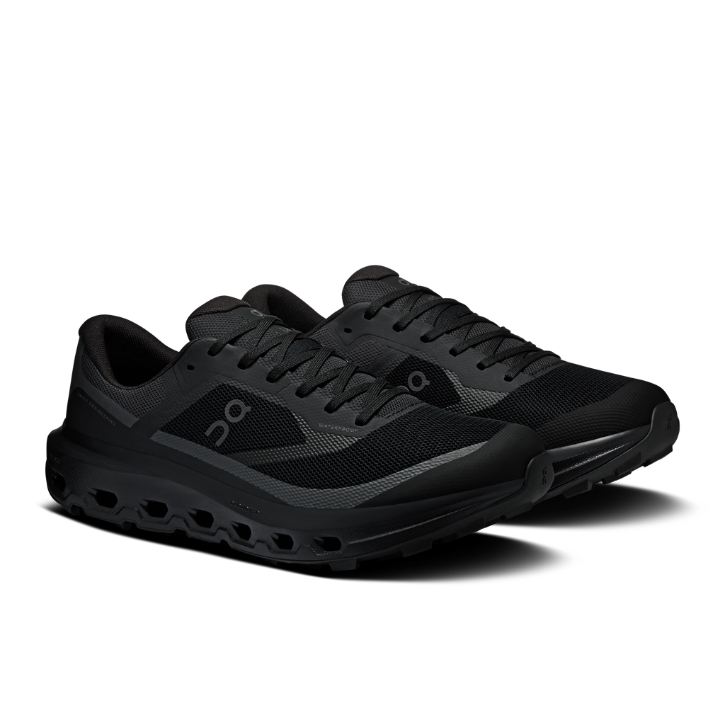 Men's waterproof running shoes in black, lace-up mesh with rugged CloudTec cushioning