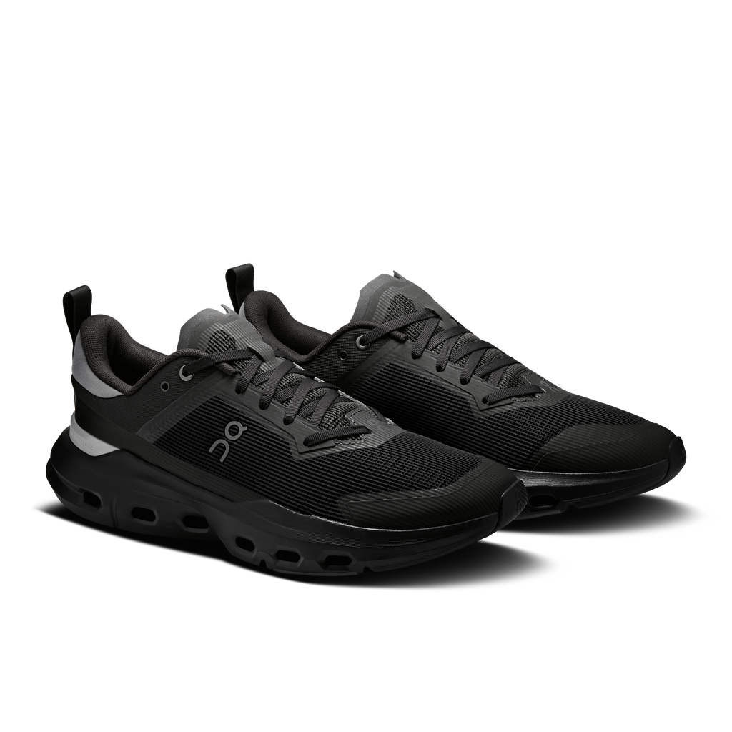 Men's black mesh running shoes, lace-up front and Cloud-style cushioning pods