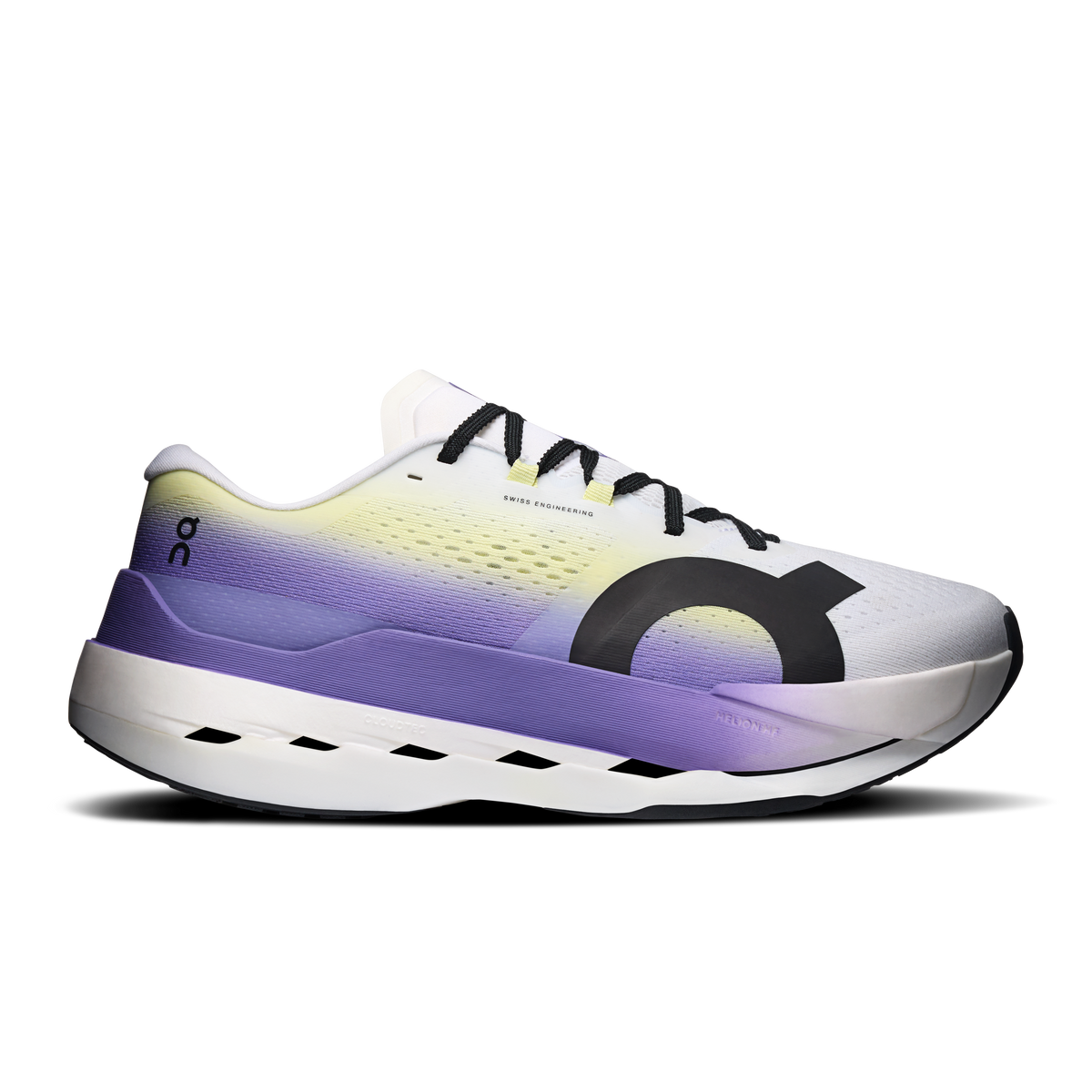 Men's running shoes with white upper, purple midsole, black laces, CloudTec cushioning