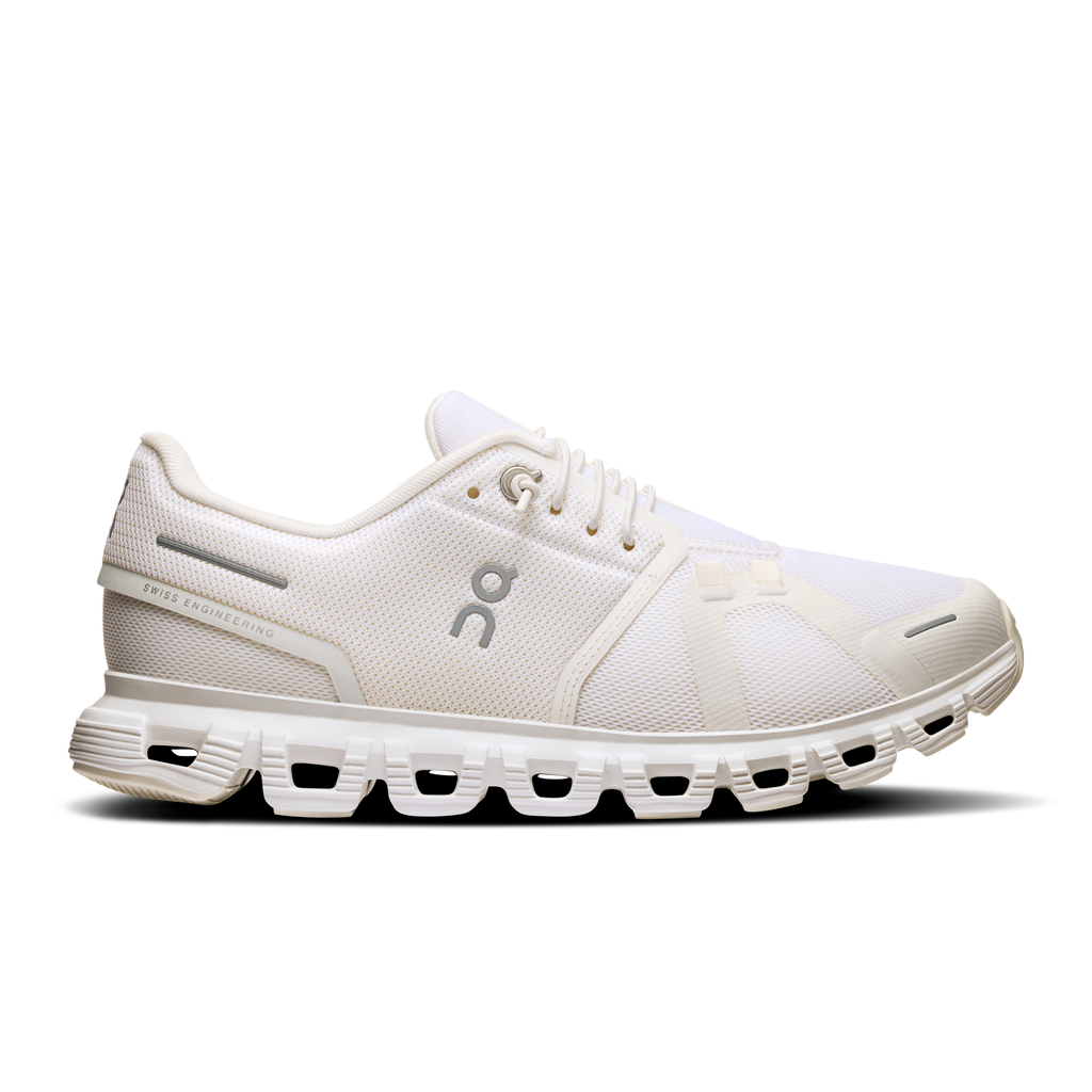 White On Cloud 6 women's running shoes, side view with mesh upper and cushioned sole