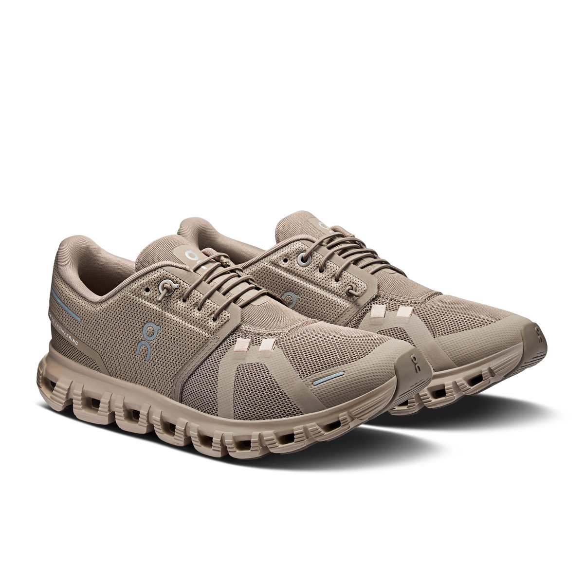 Women's On Cloud 6 shoes, cinder and fog knit mesh, lace-up with cloud pods.