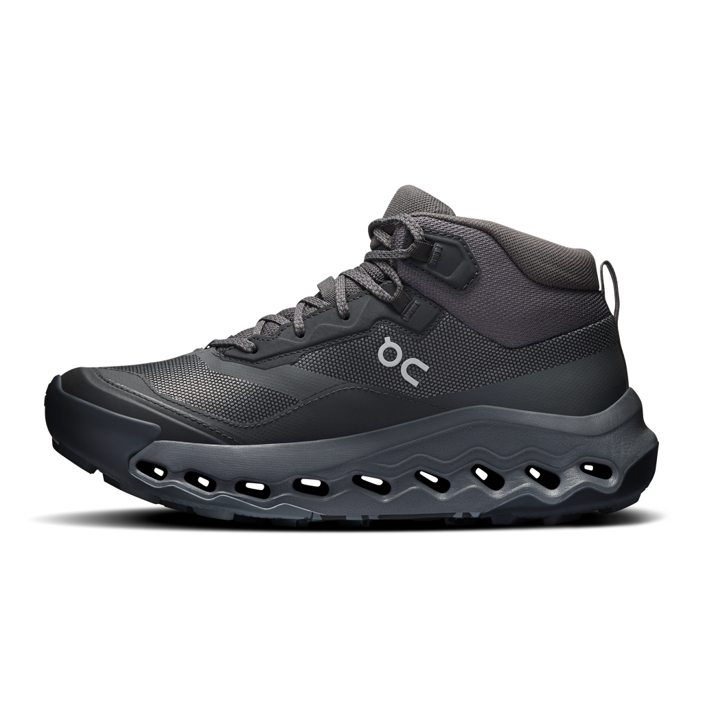 Women's mid waterproof trail running shoes by On, dark gray boot with lace-up collar