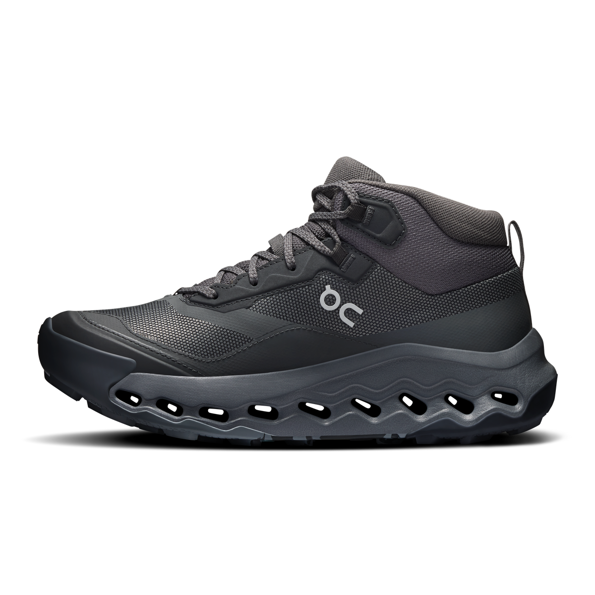 Women's mid waterproof trail running shoes by On, dark gray boot with lace-up collar
