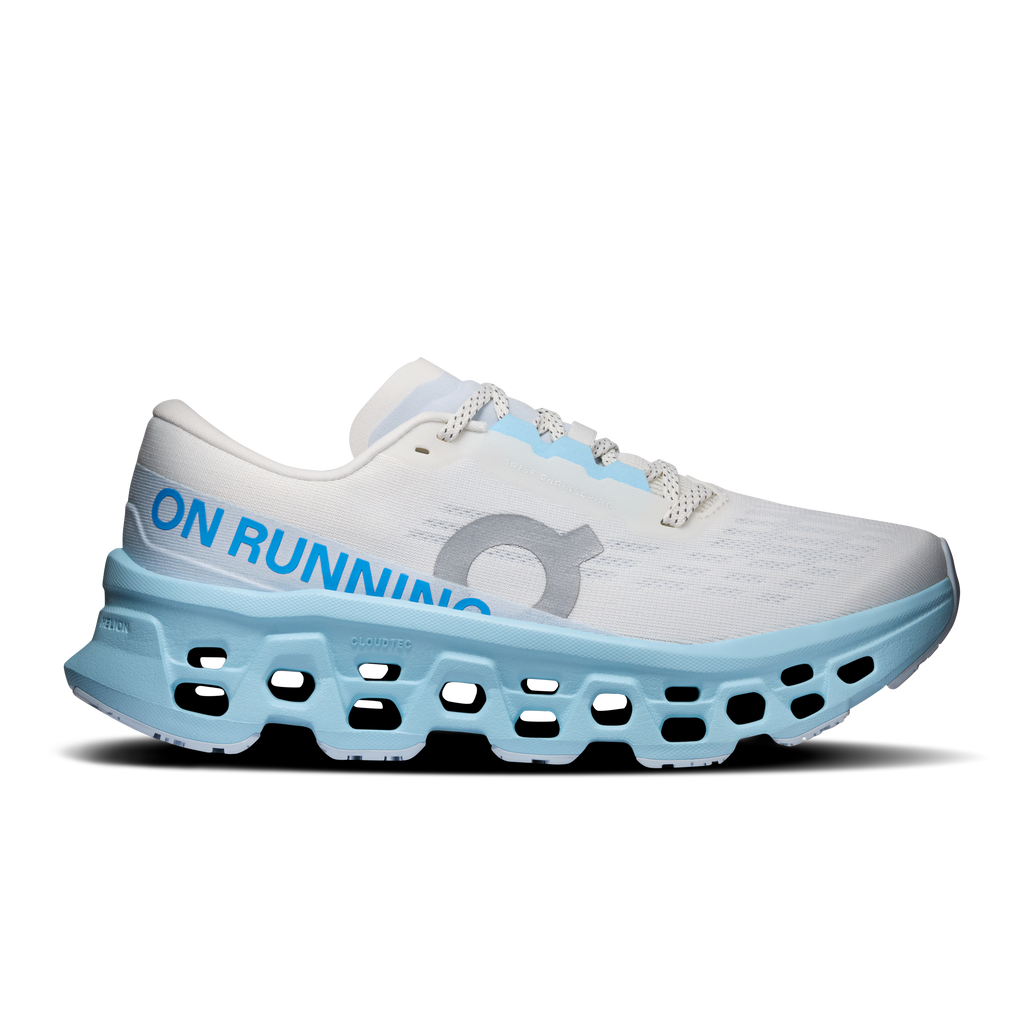 On Running Cloudmonster 3 women’s running shoes, white with light-blue CloudTec sole