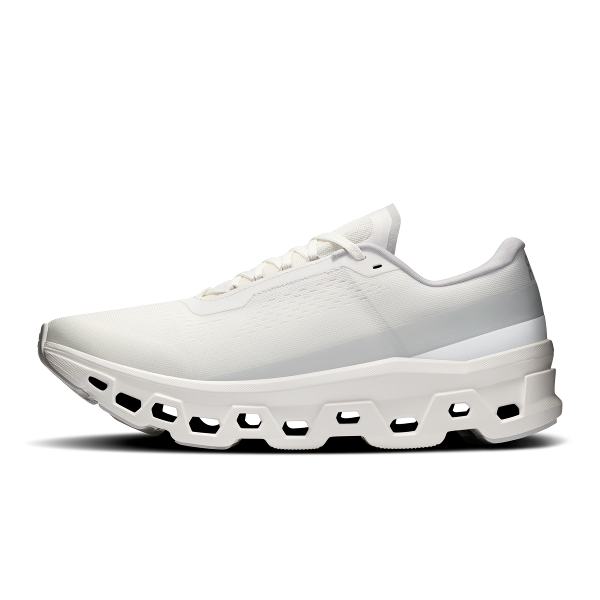 Men's white running shoes, low-profile side view with lace-up and pod sole