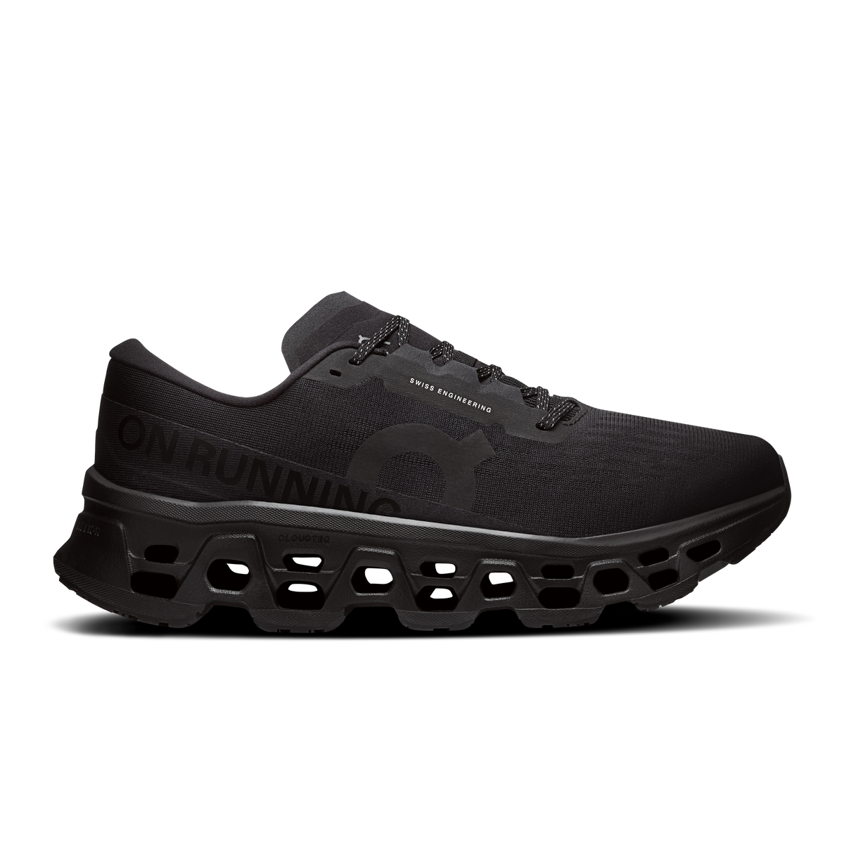 On Cloudmonster 3 wide running shoes in black mesh, lace-up, chunky pod outsole