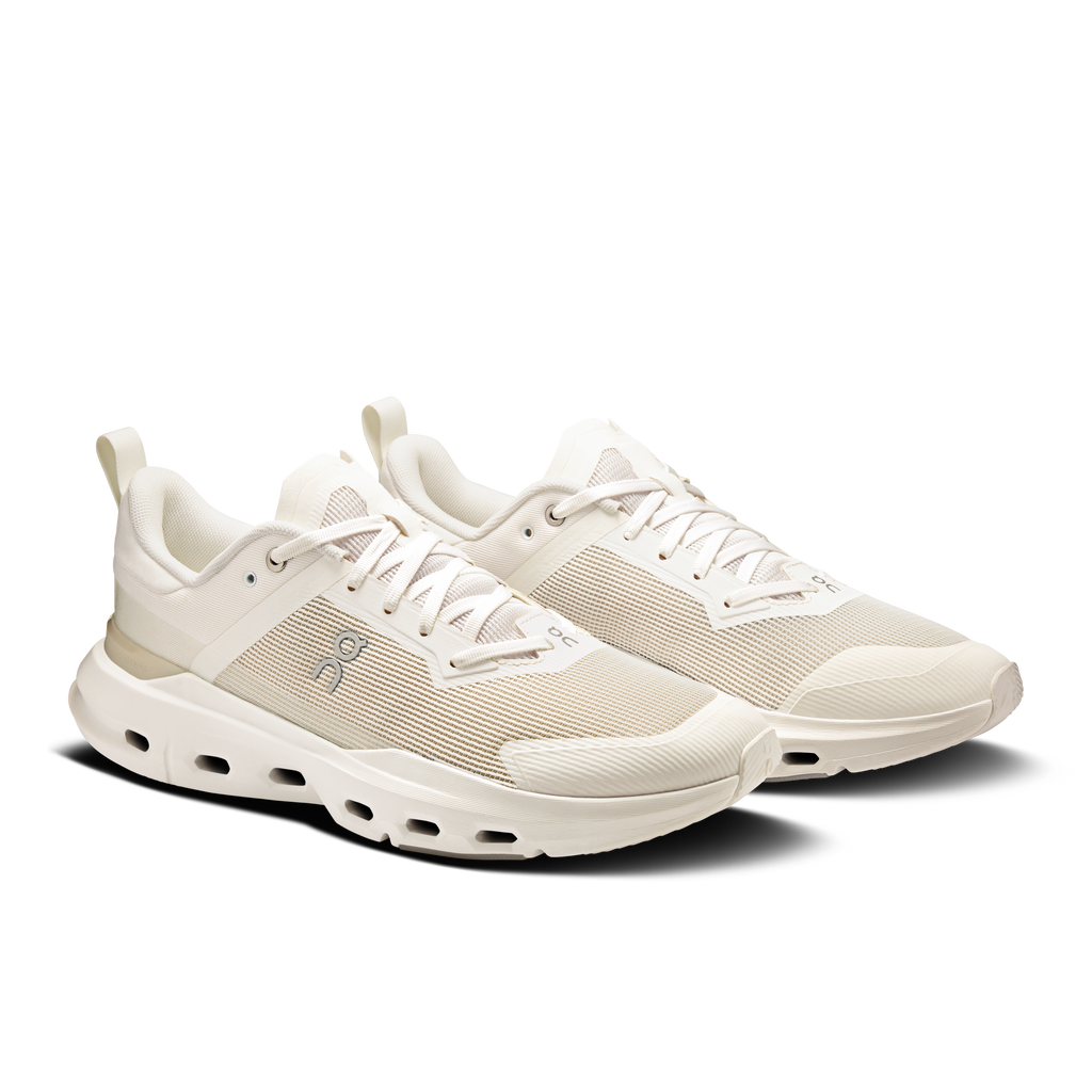 Men's running shoe, side view, white mesh upper with lace-up and CloudTec midsole