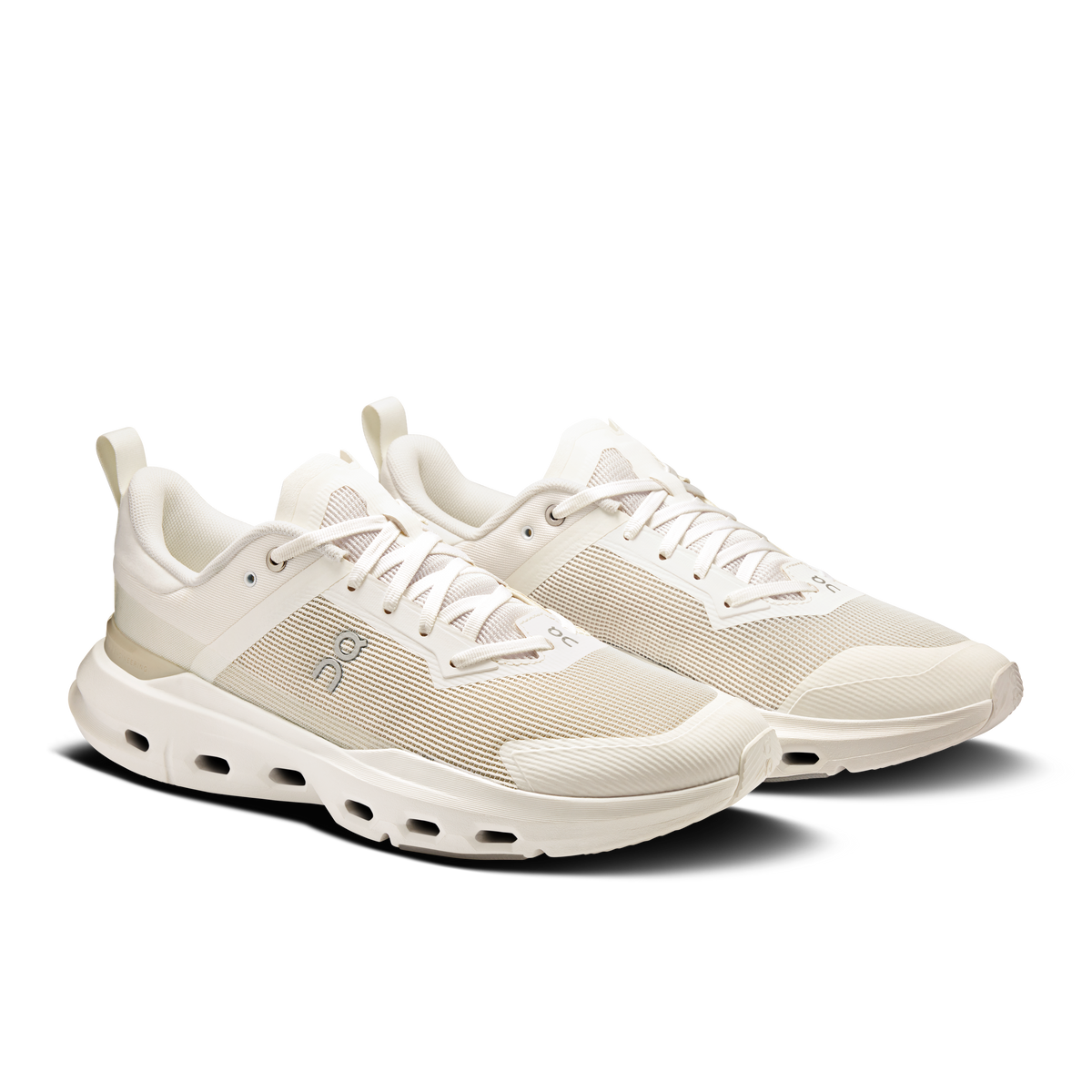 Men's running shoe, side view, white mesh upper with lace-up and CloudTec midsole
