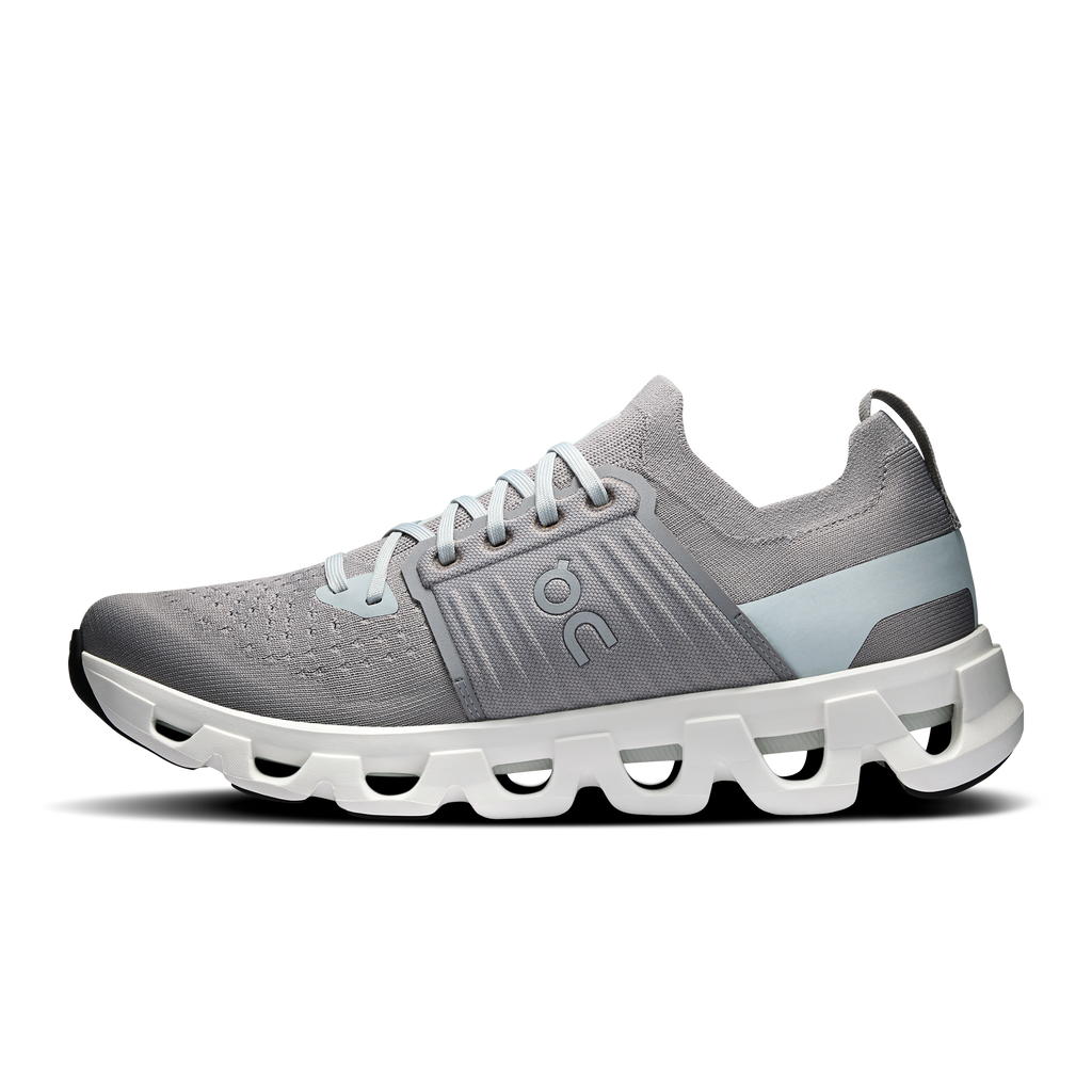Men's gray running shoe with perforated upper and white midsole