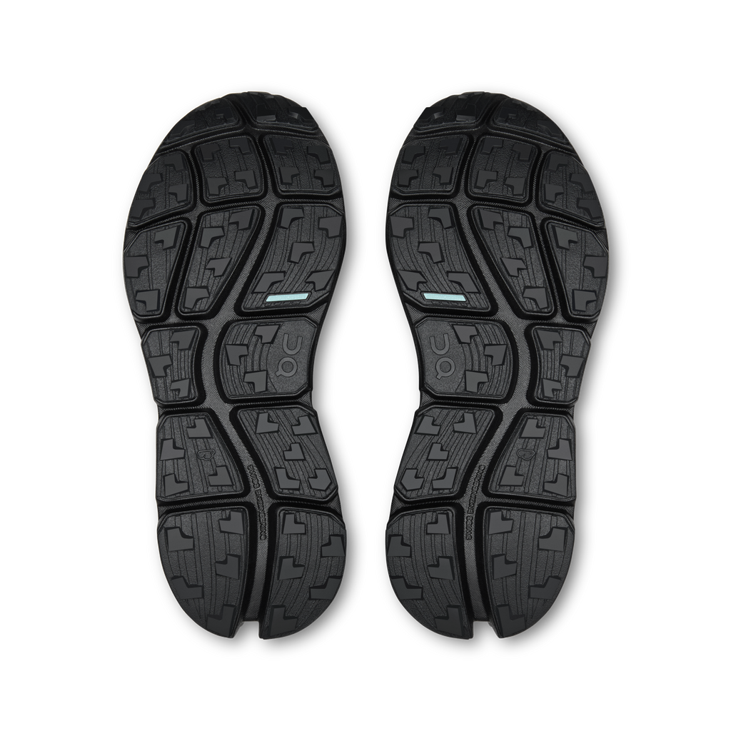 Pair of black shoe outsoles with textured rubber tread pattern