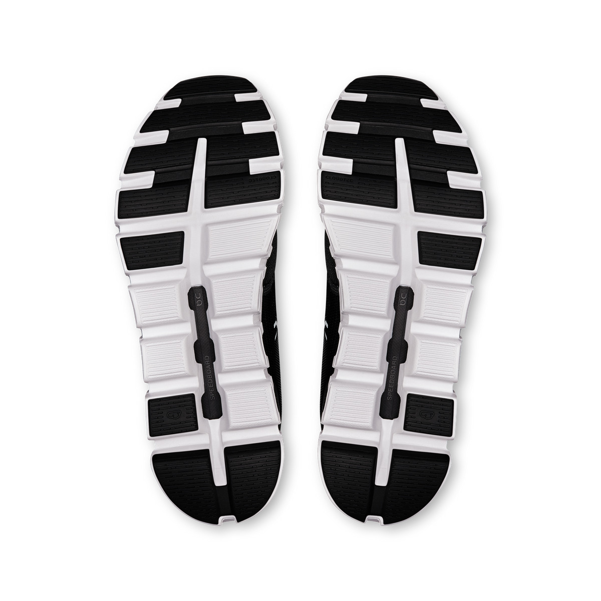 On Running Cloud 6 wide shoes outsole view, black uppers with white traction