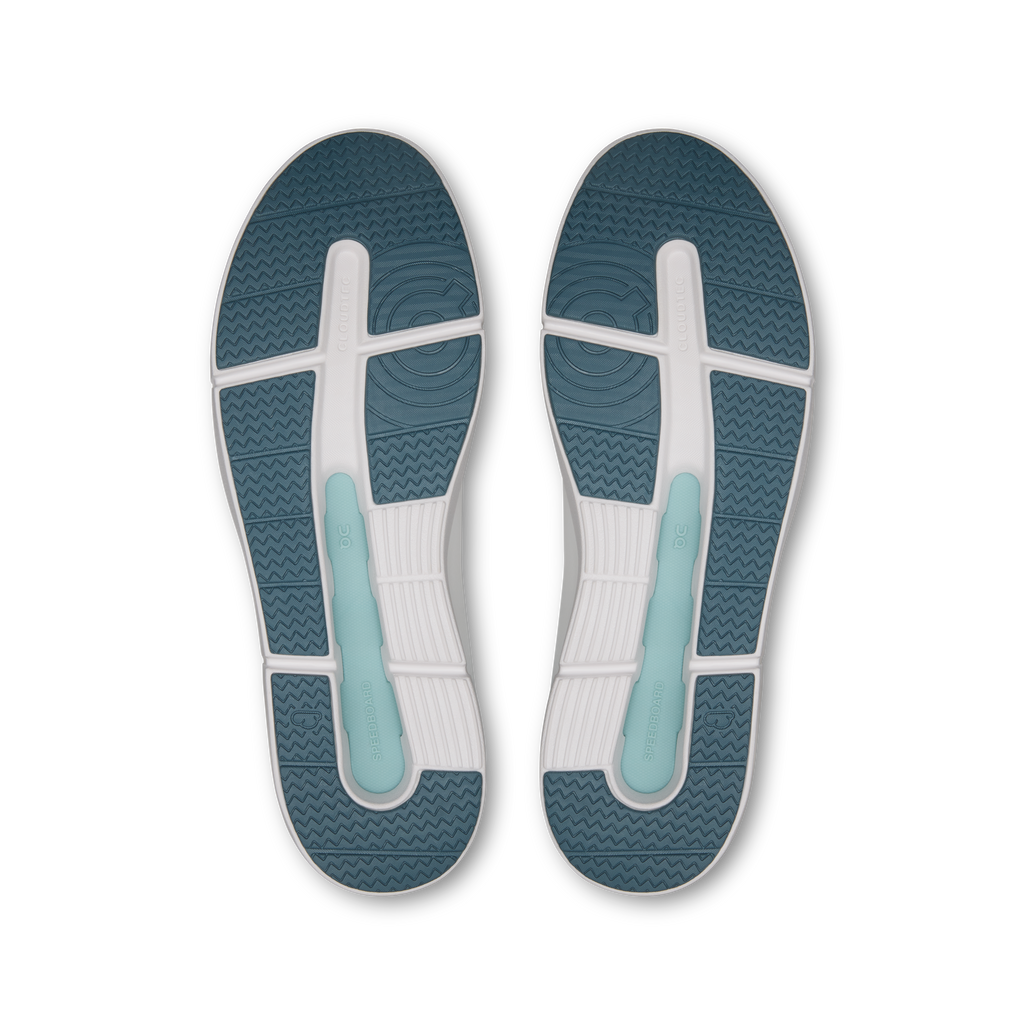 Men's shoe outsole with blue tread pattern and light midsole sections