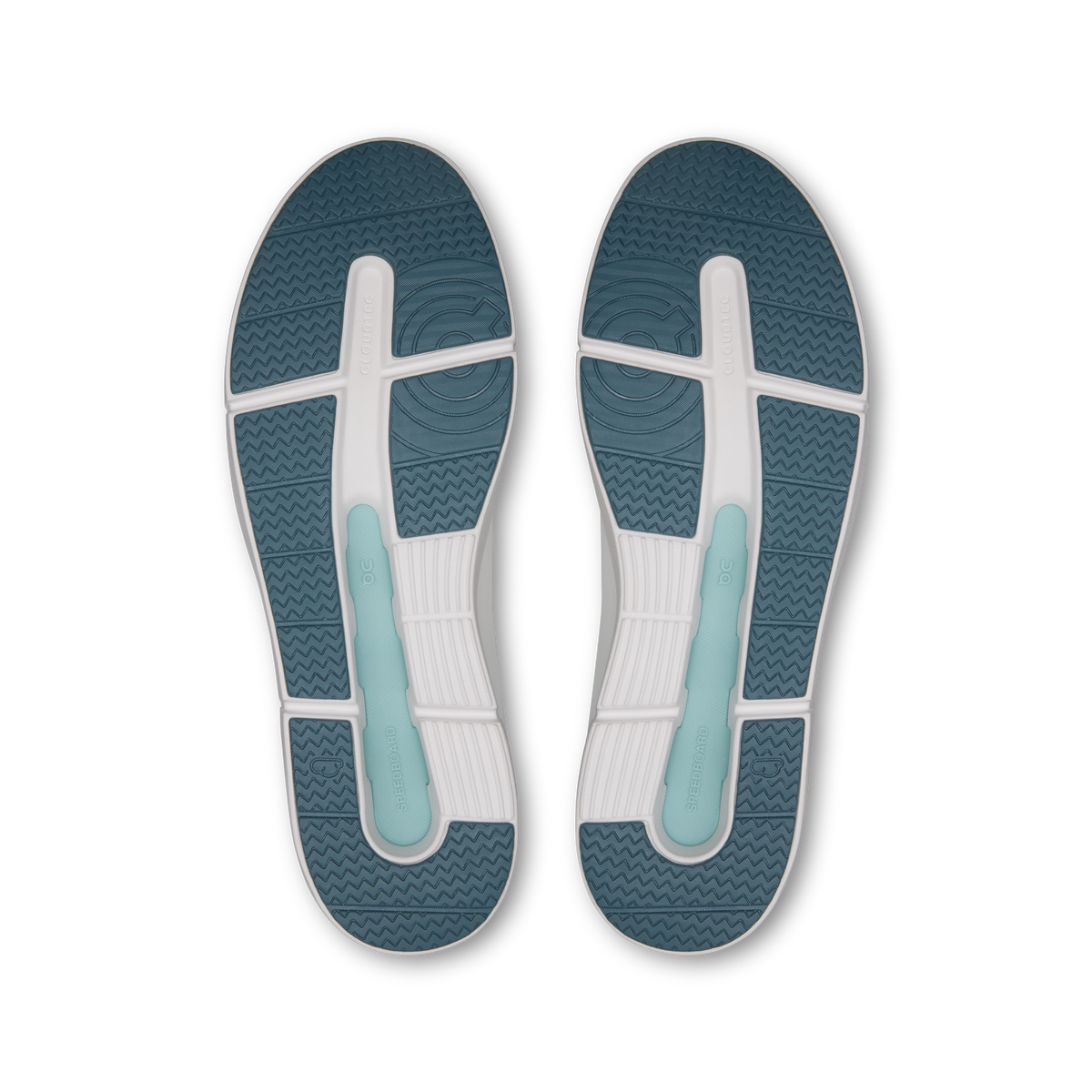 Men's shoe outsole with blue tread pattern and light midsole sections