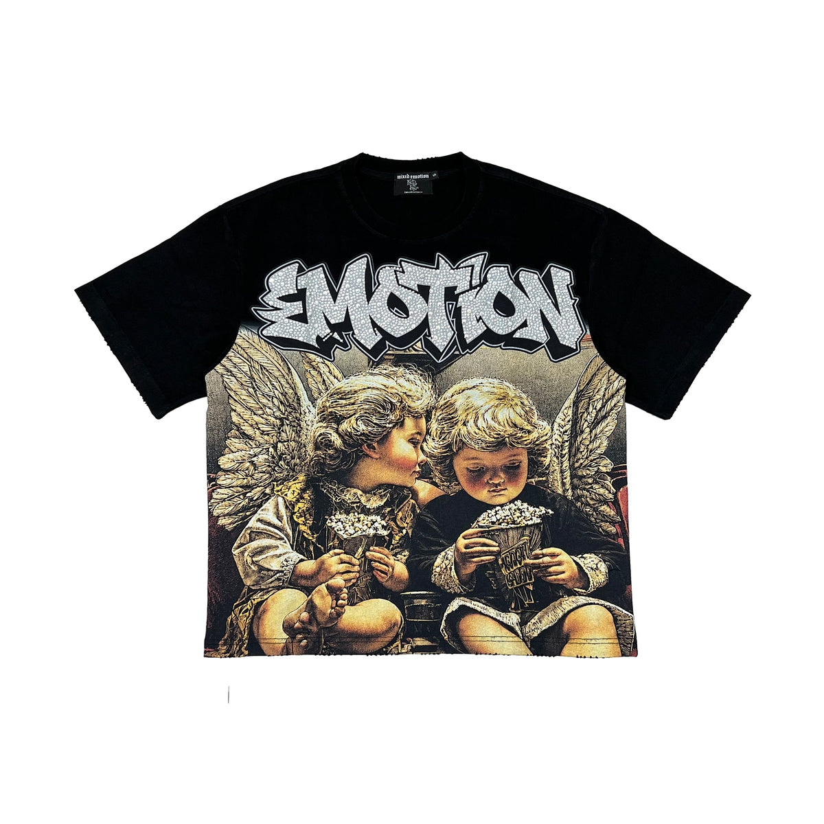 Men's black graphic T-shirt with angel illustration and stylized 'EMOTION' print