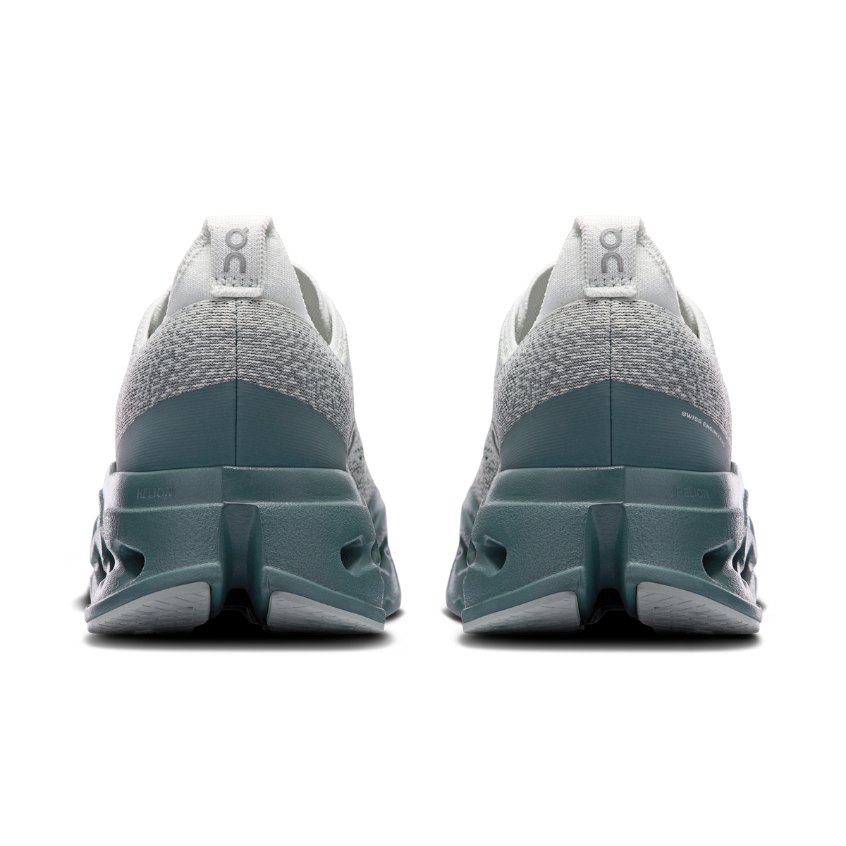Rear view of men's light gray running shoes with teal heel and pull tab