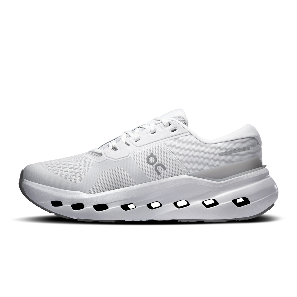 Women's Cloudrunner 3 running shoes, side view, white mesh with cutout sole pods