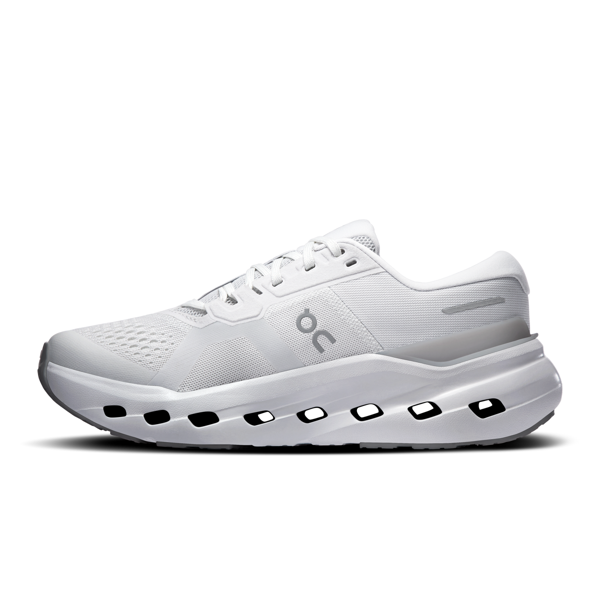 Women's Cloudrunner 3 running shoes, side view, white mesh with cutout sole pods