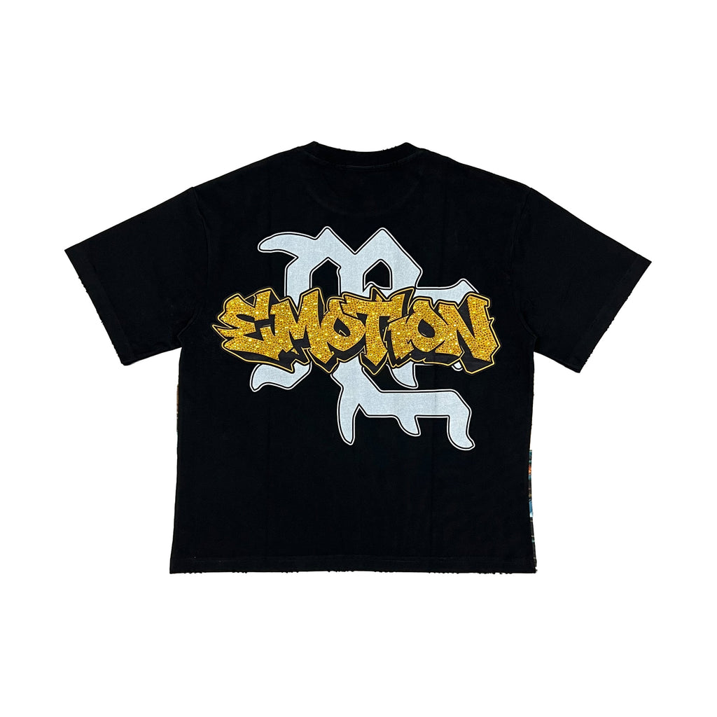 Men's black T-shirt with large metallic and yellow logo graphic on back