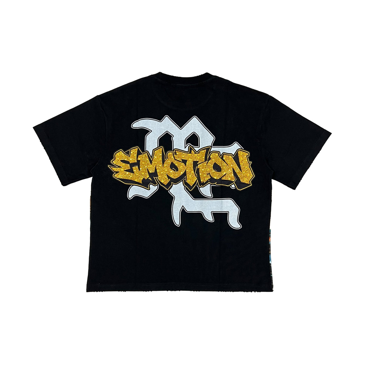 Men's black T-shirt with large metallic and yellow logo graphic on back