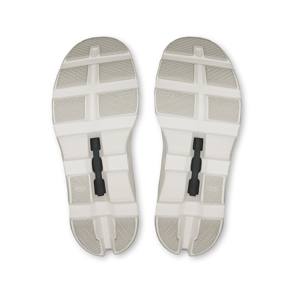 Pair of white shoe outsoles with grid tread and CloudTec cushioning details