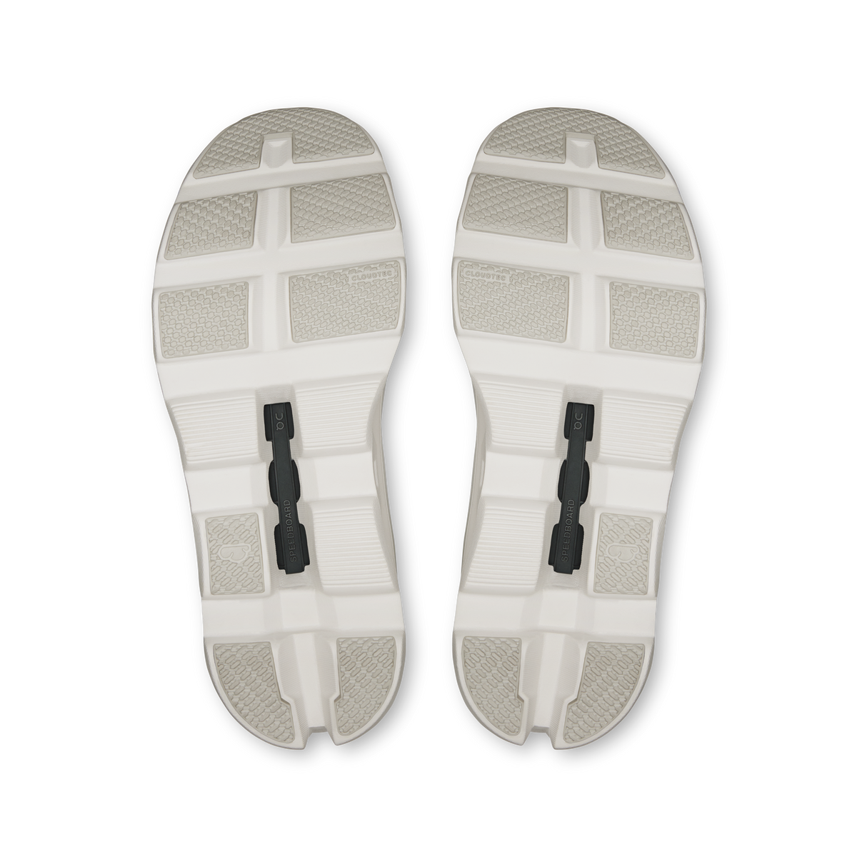 Pair of white shoe outsoles with grid tread and CloudTec cushioning details