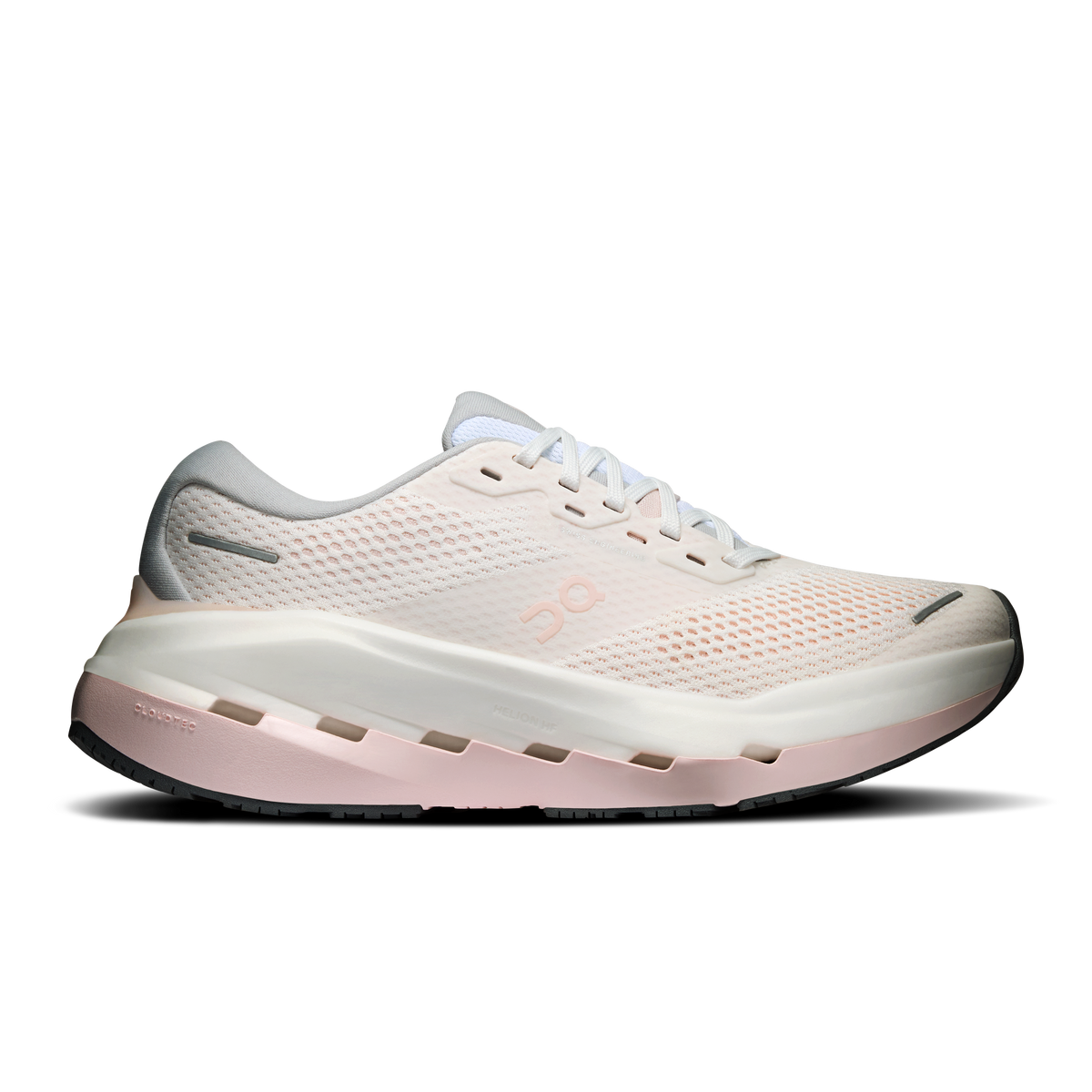 White and salt running shoes with lace-up mesh upper and cloud-style midsole