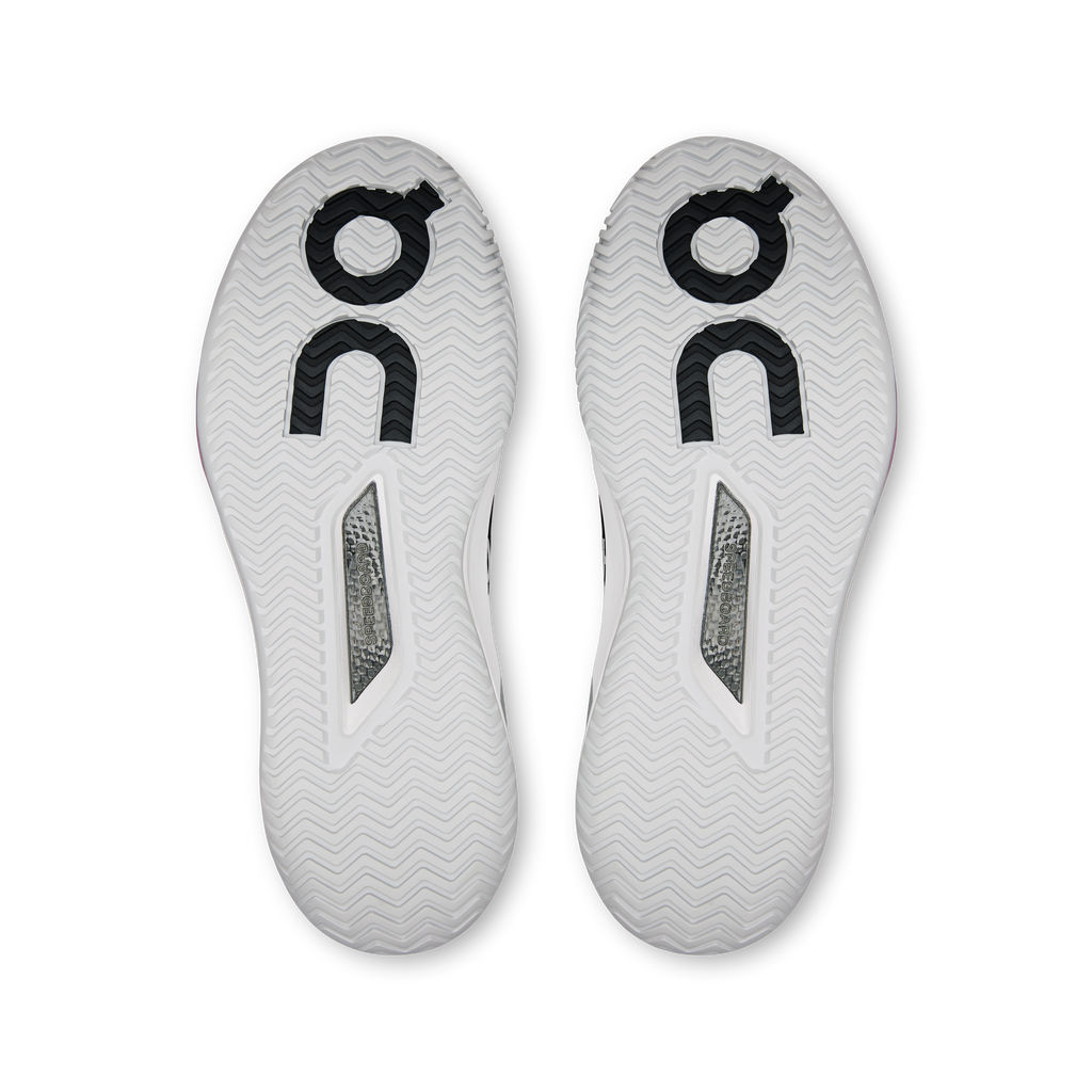 Pair of shoe outsoles with white traction tread and dark heel inserts