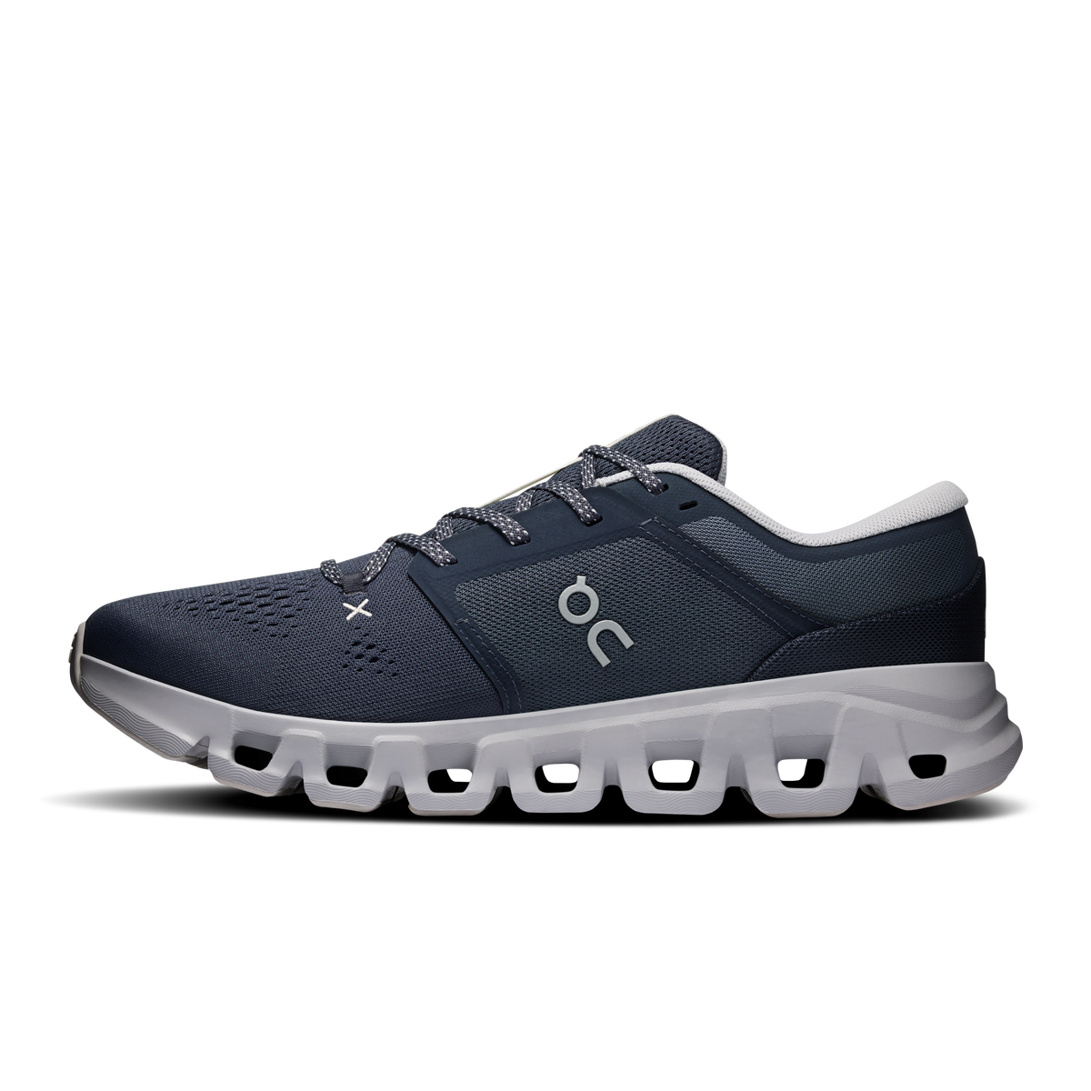 Men's On Cloud X 5 navy running shoes, lace-up side profile with CloudTec sole