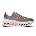 Women's On running shoes, dark pebble knit upper with pink laces and white Cloud deck