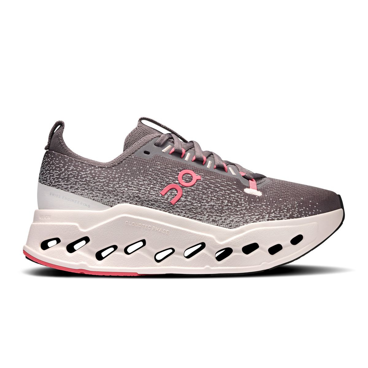 Women's On running shoes, dark pebble knit upper with pink laces and white Cloud deck