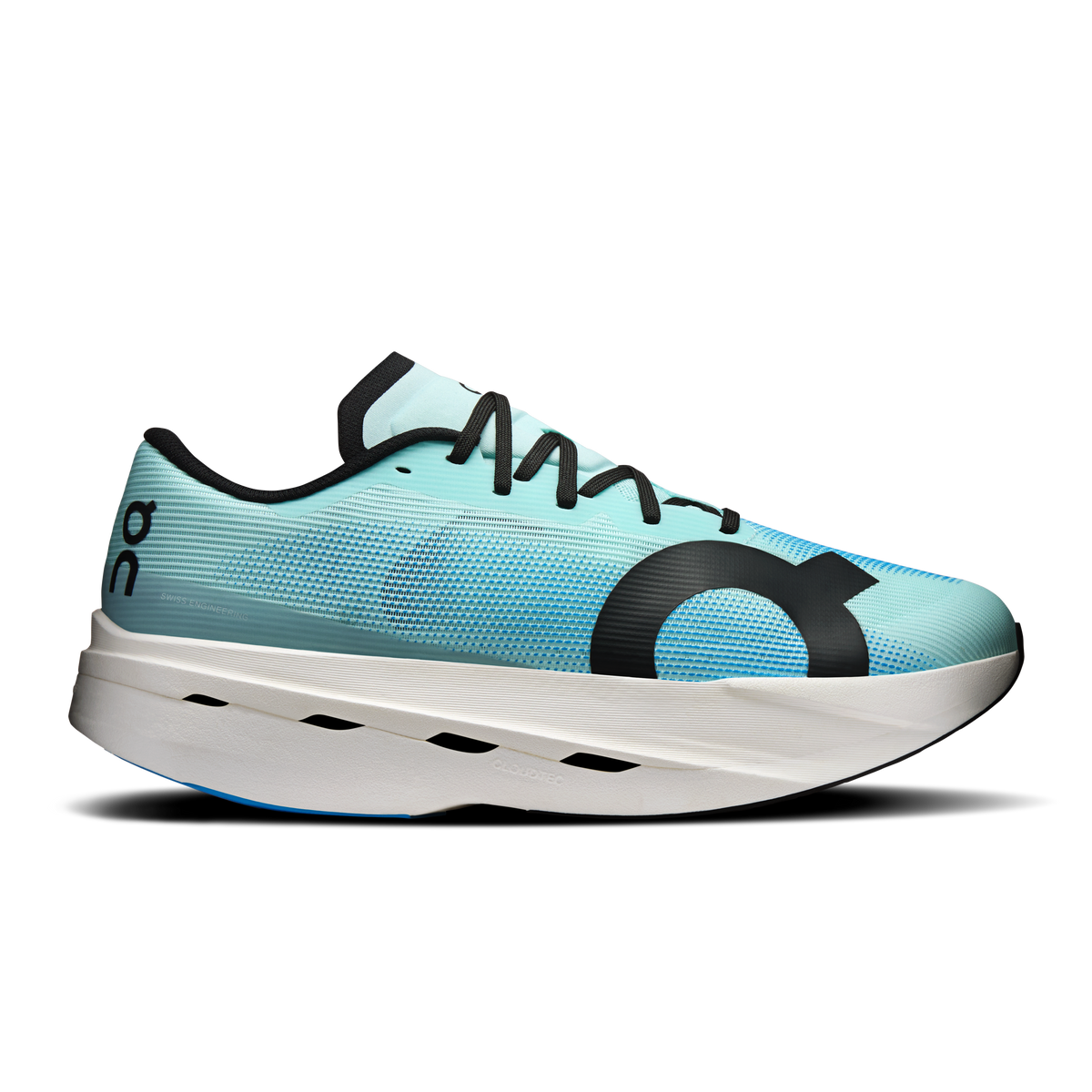 Men's On Cloudboom Volt running shoes, light blue knit with black laces and white sole
