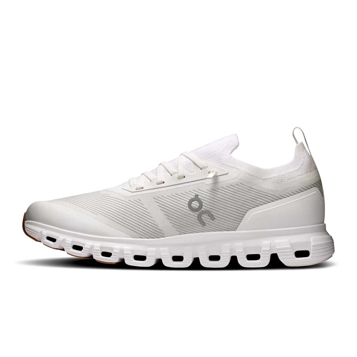 Men's On running shoes, white with gray stripe knit and Cloud pod midsole