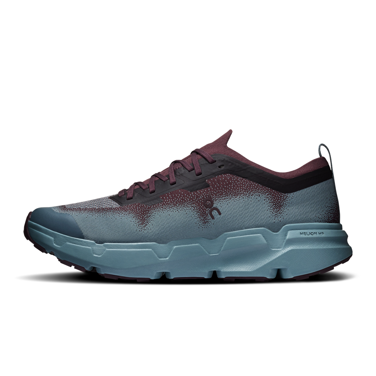 Men's lace-up running shoes with maroon laces, maroon-to-blue speckled upper, light-blue midsole