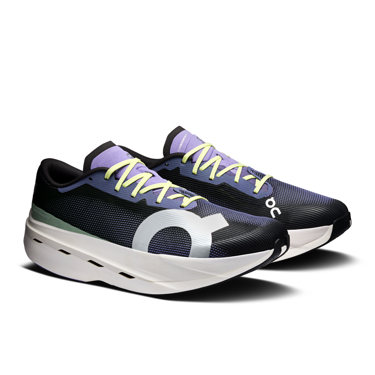 Men's black mesh running shoes with white On logo, neon laces, CloudTec sole