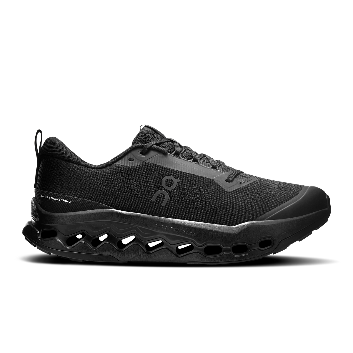 Men's black trail running shoes, lace-up mesh upper, Cloud-style cushioning pods