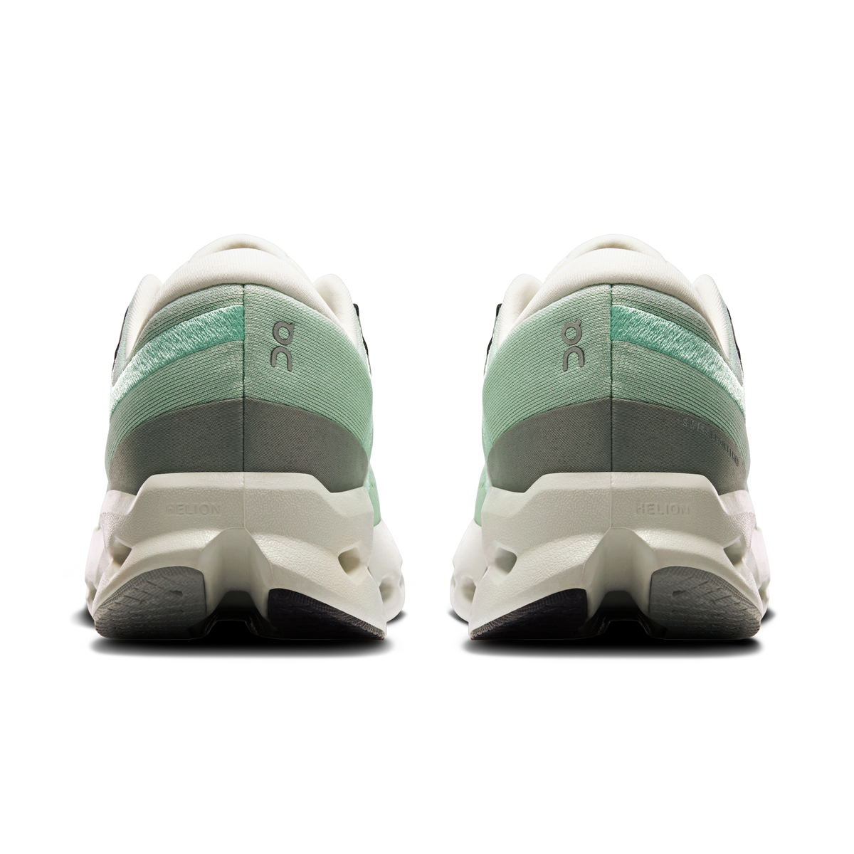 Women’s heel view of mint running shoes with cushioned CloudTec midsole pods