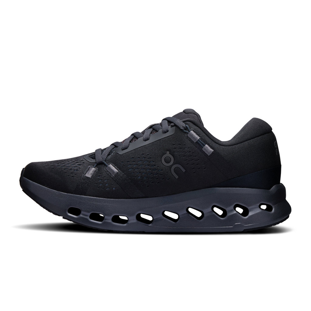 On Running Cloudsurfer 2 women's running shoes in black, side view with CloudTec sole