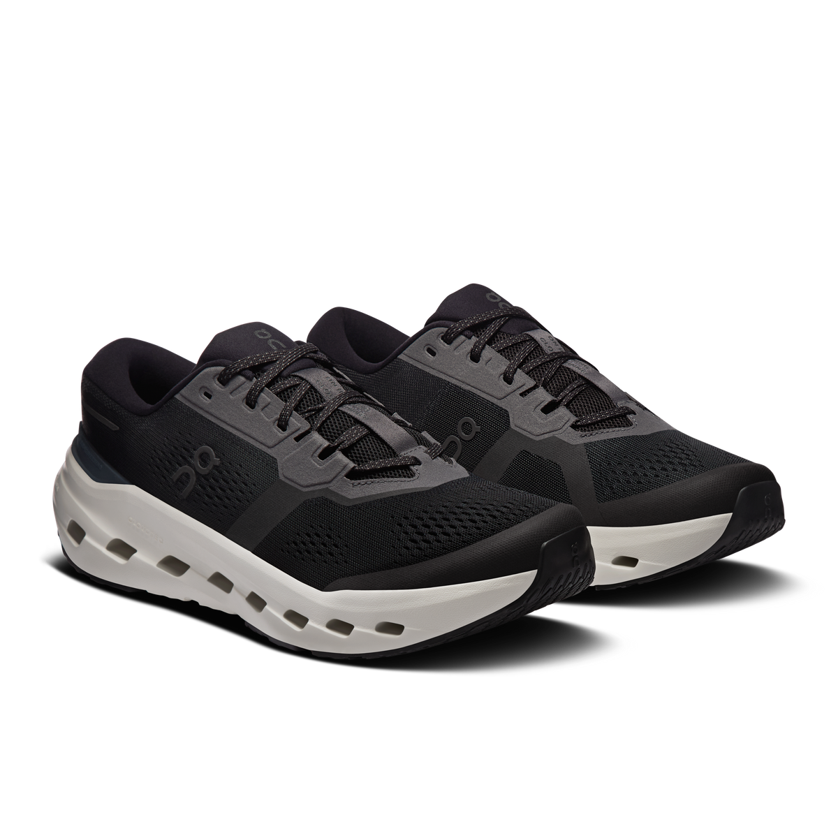 Men's lace-up black running shoes with white outsole and cushioned midsole