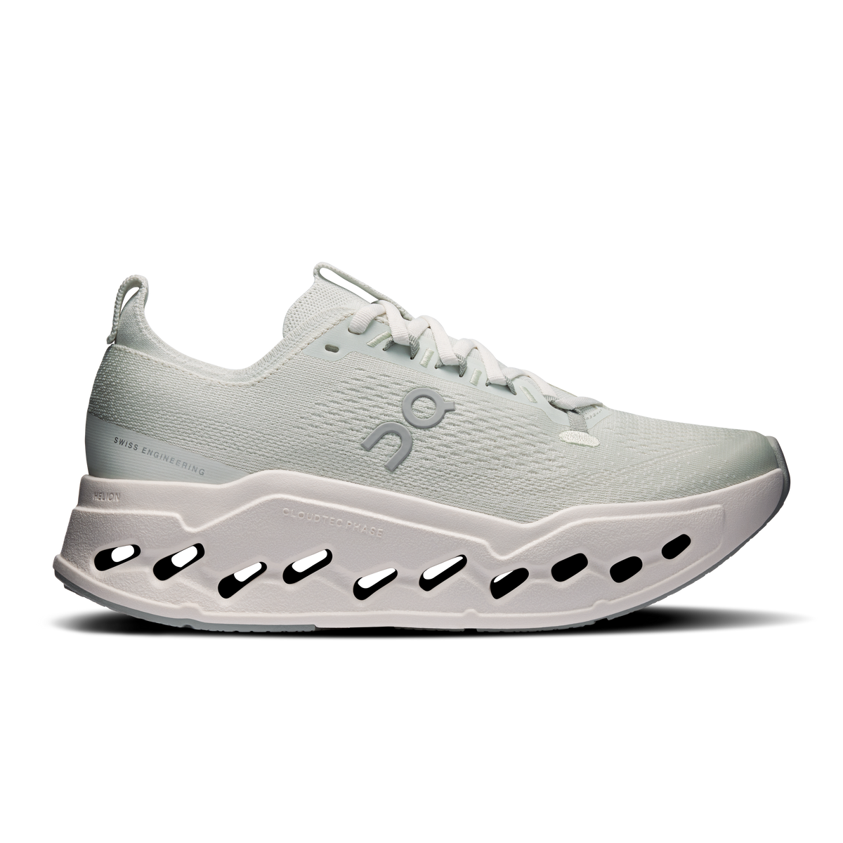 On women's running shoes, light mint knit upper with white CloudTec sole