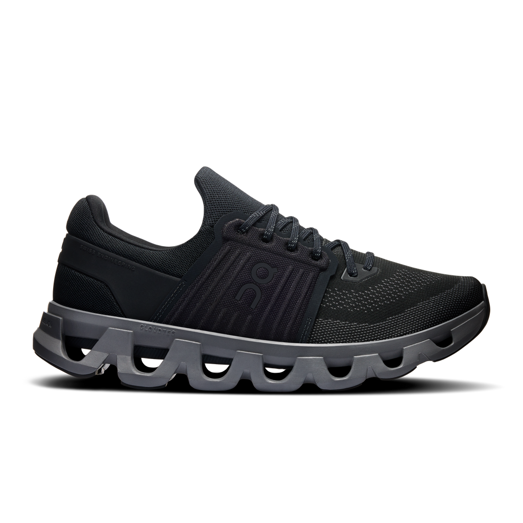Men's On Cloudswift 4 running shoes, black knit upper with lace-up.