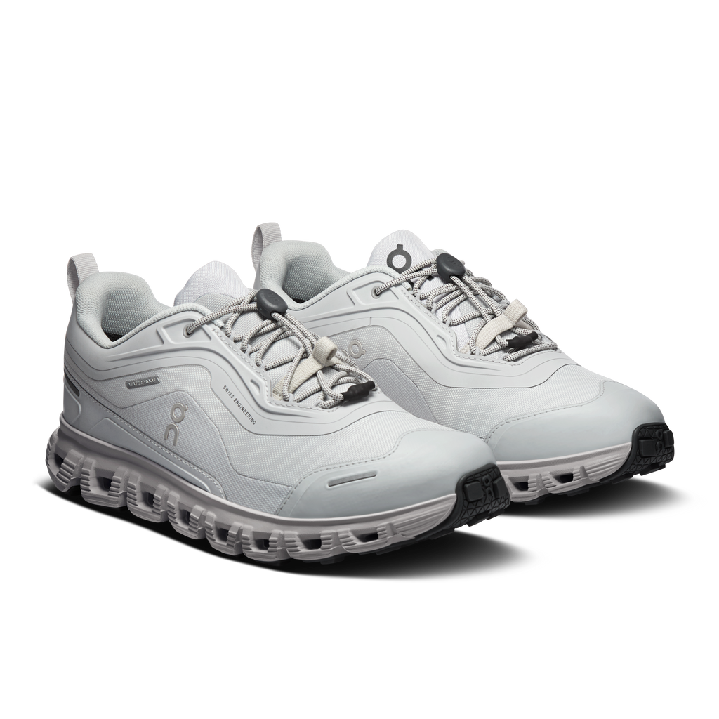 Women's waterproof On running shoes, light gray pair view with lace-up and high sole