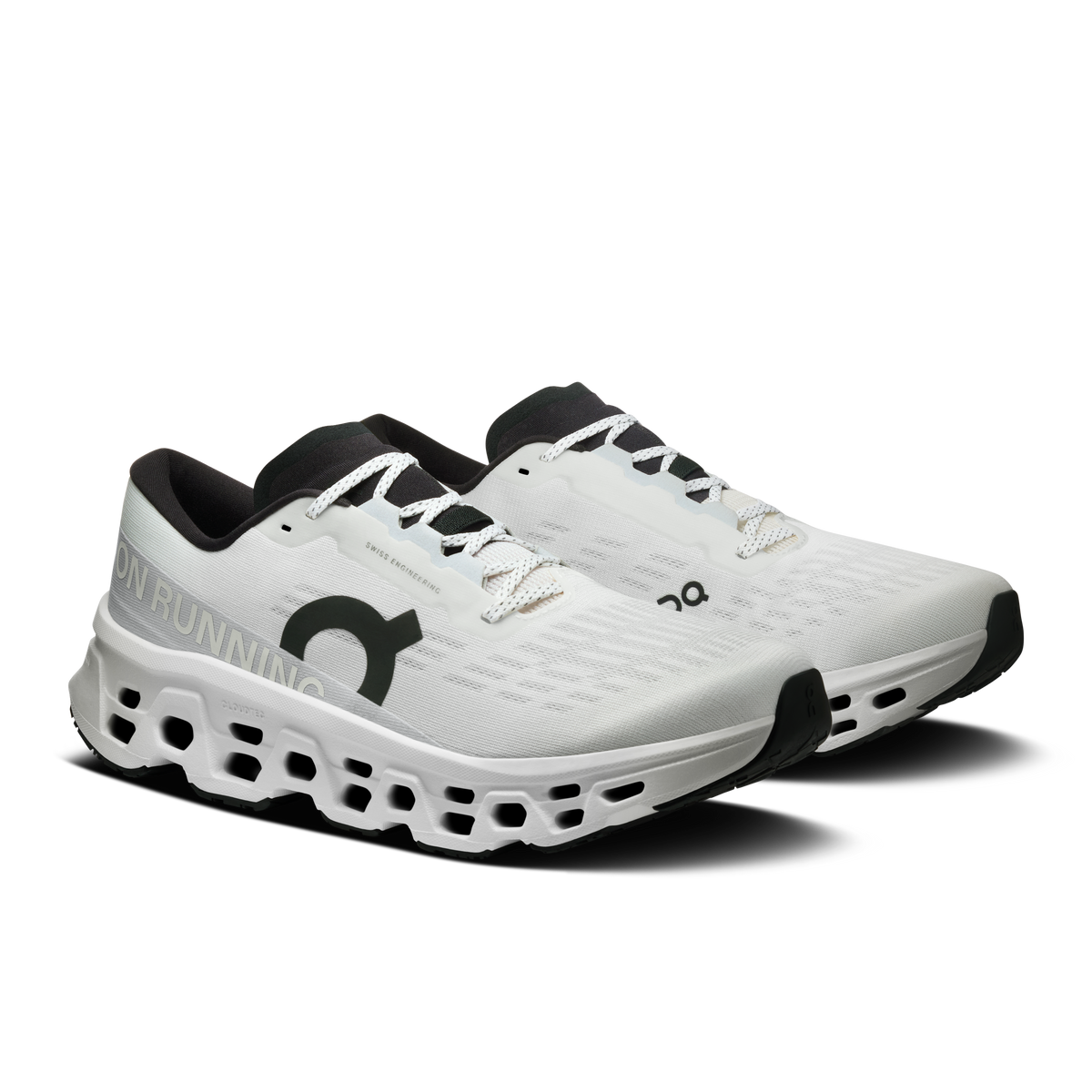 On Cloudmonster 3 running shoes for men, white upper with black trim and laces