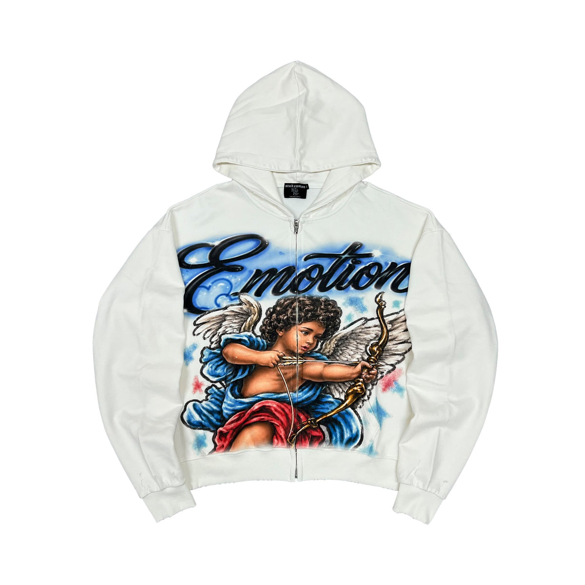 White men’s zip hoodie with front angel cupid bow graphic
