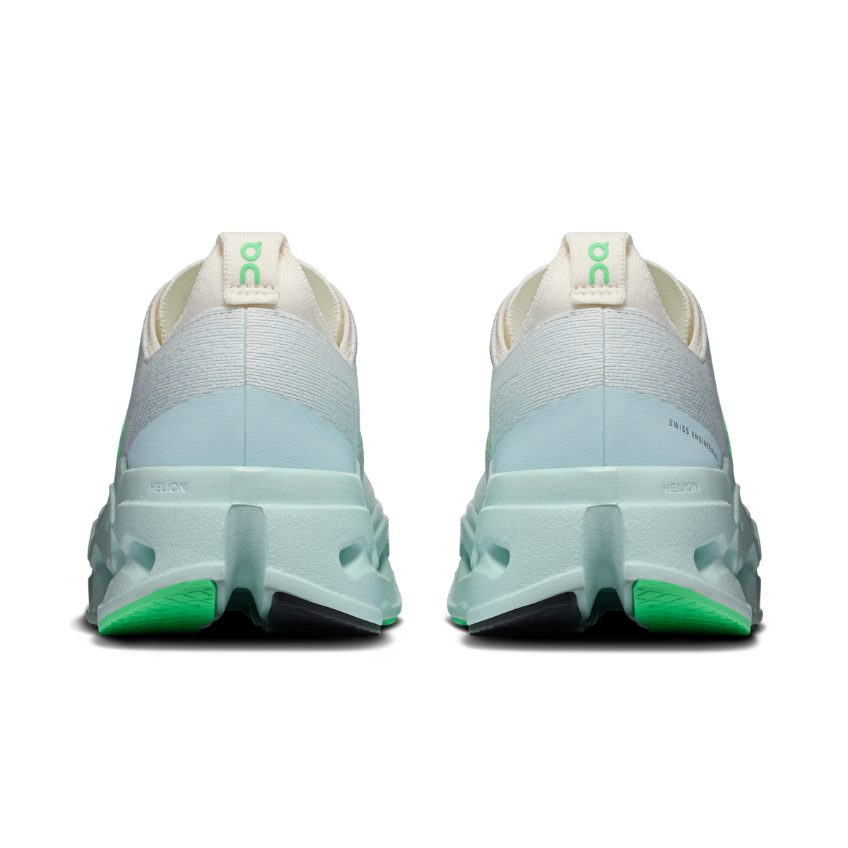 Women’s running shoes heel view, ivory collar with light-blue foam and green trim