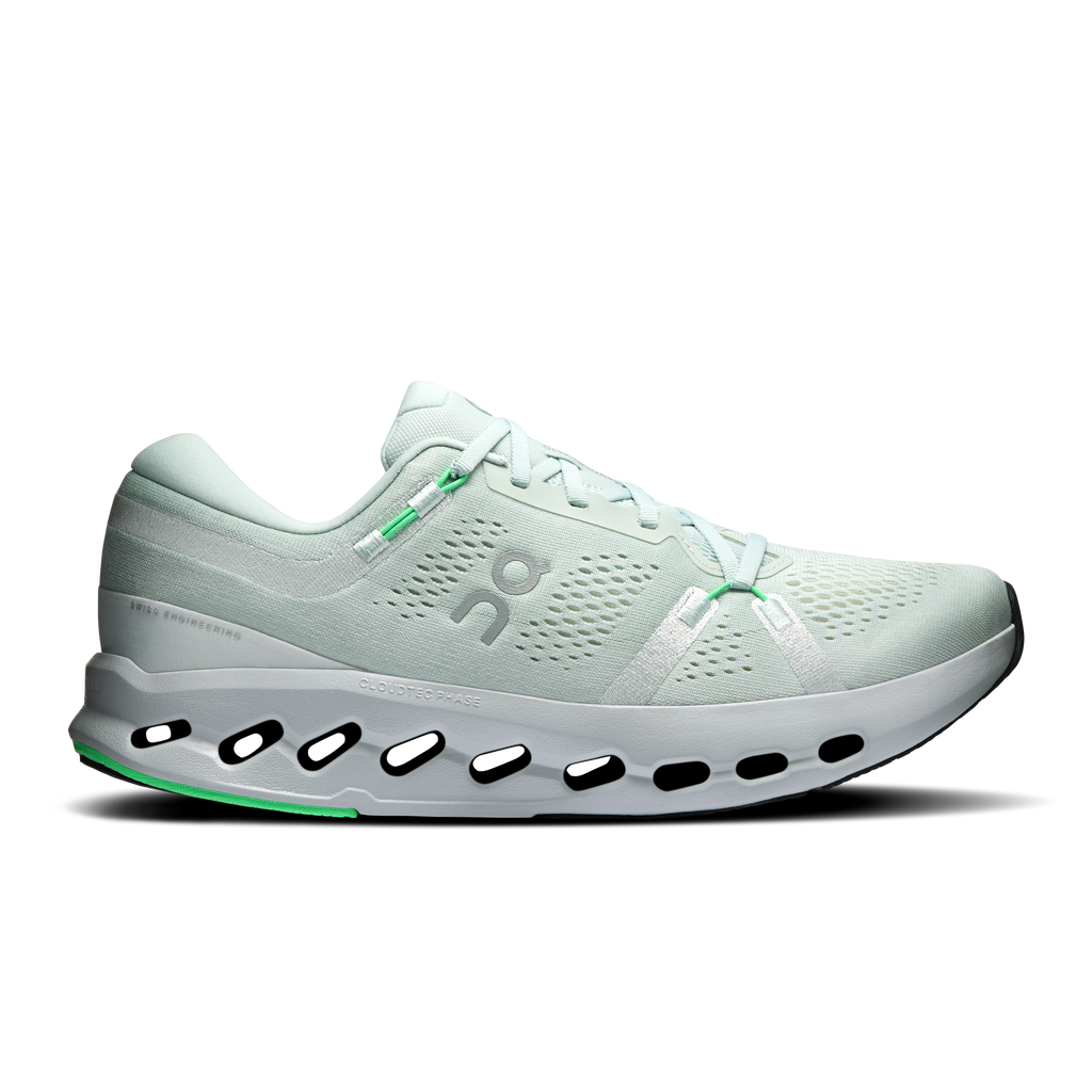 Men's On Cloudsurfer 2 running shoes, light mint with white sole and green accents