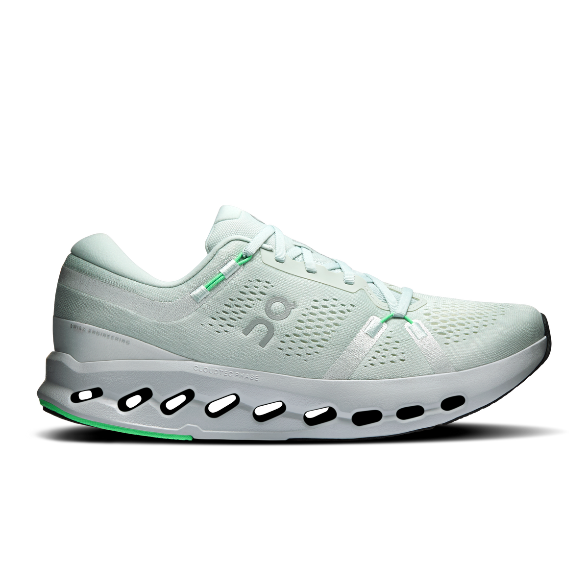 Men's On Cloudsurfer 2 running shoes, light mint with white sole and green accents