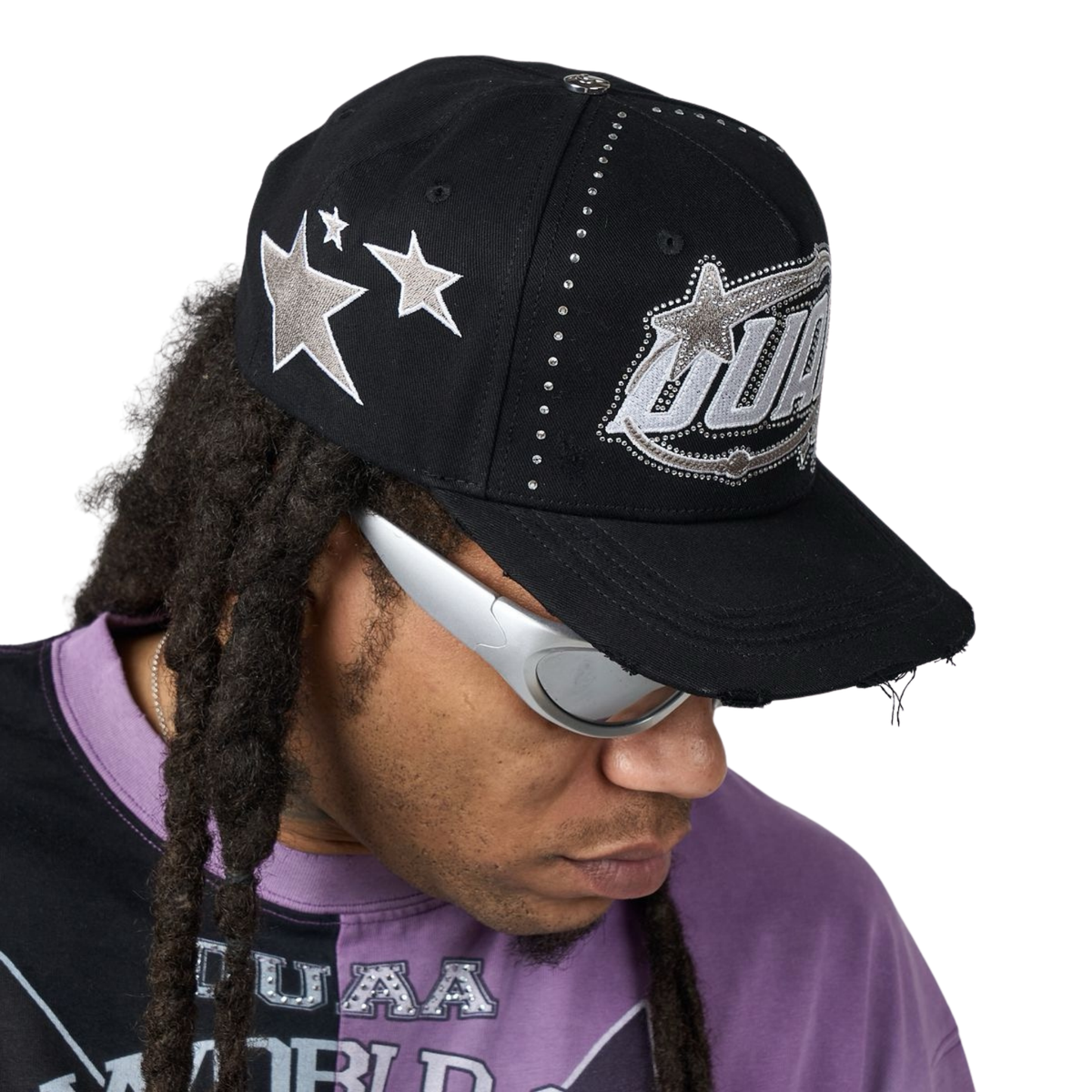 Men's black baseball cap with star patches and studded side JUAA graphic