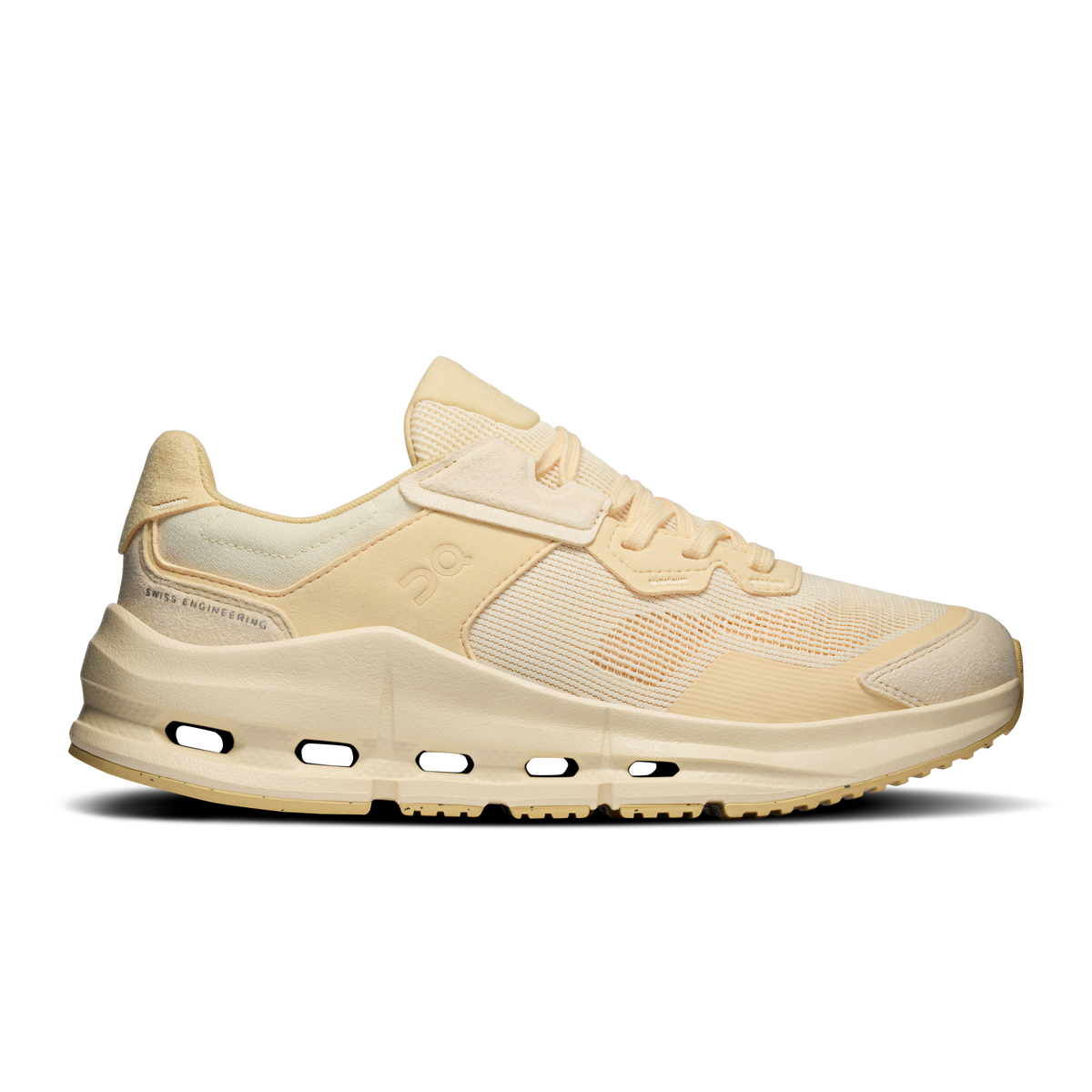 On women's Cloudnova Rift running shoes, light beige knit with orange accents