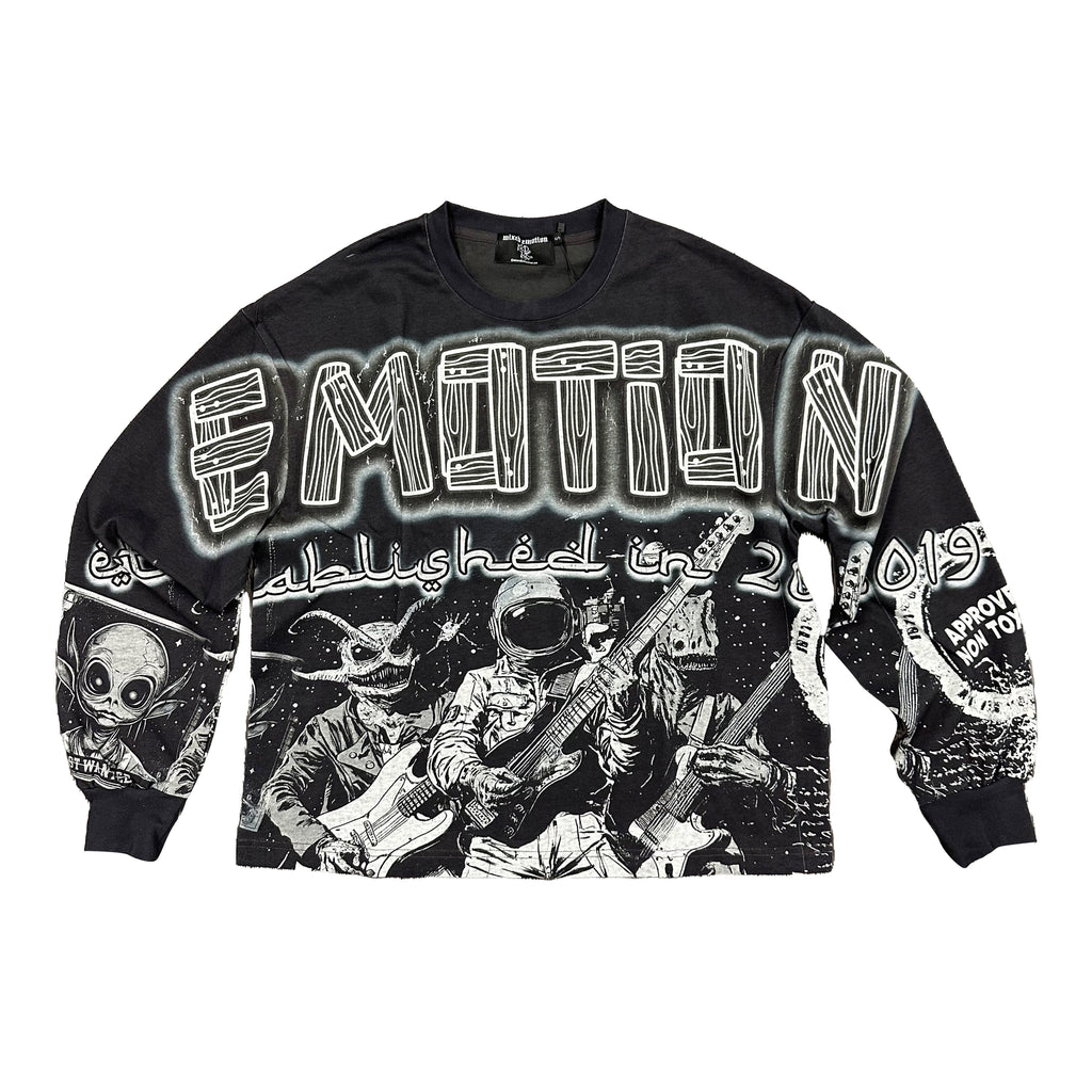 Men's black long-sleeve graphic T-shirt with white astro band print, crew neck