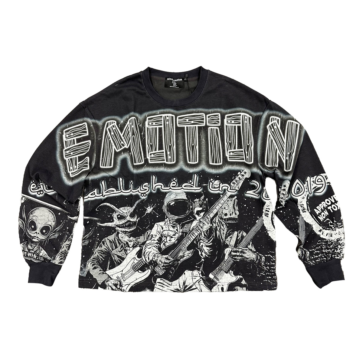 Men's black long-sleeve graphic T-shirt with white astro band print, crew neck